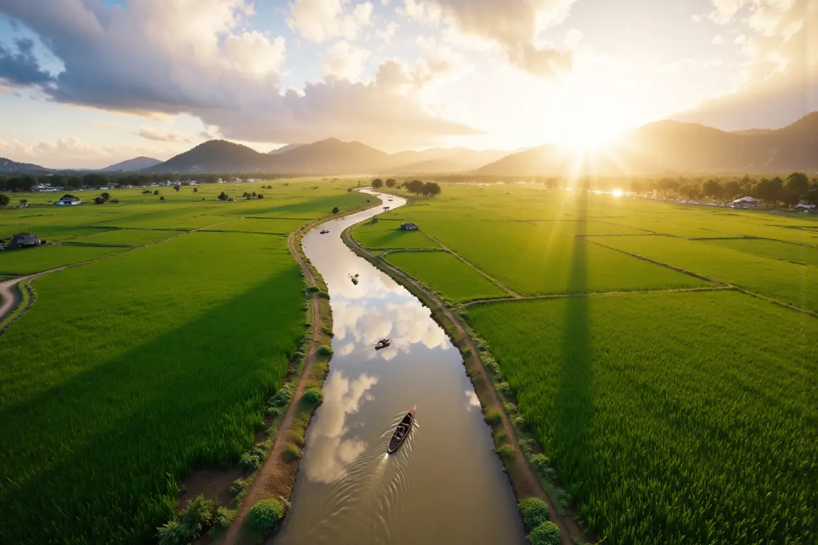 Expansive aerial view of the Mekong Delta Vietnam agricultural landscape, showing the river and fertile rice paddies.