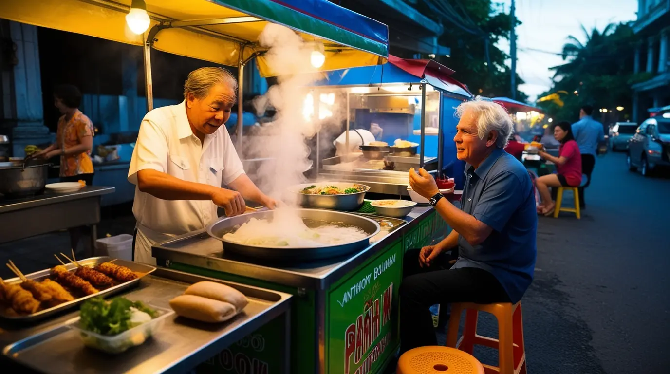 Famous American chef Anthony Bourdain enjoys a meal at a bustling Vietnamese street food stall during his visit