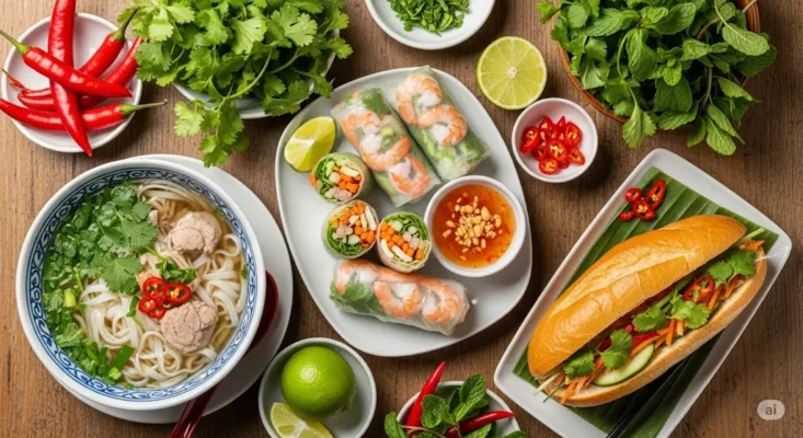 Flat lay of Vietnamese Pho, spring rolls, and Banh Mi with fresh ingredients