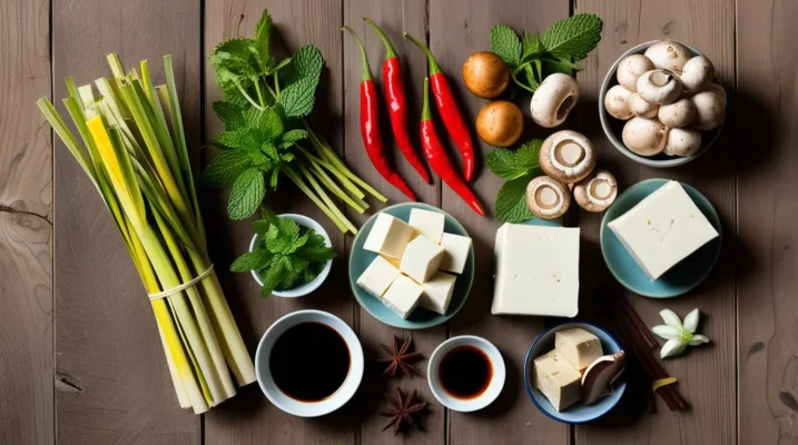 Flat lay of Vietnamese vegetarian cooking ingredients lemongrass, mint, chilies, mushrooms, tofu, soy sauce, and star anise on a wooden table