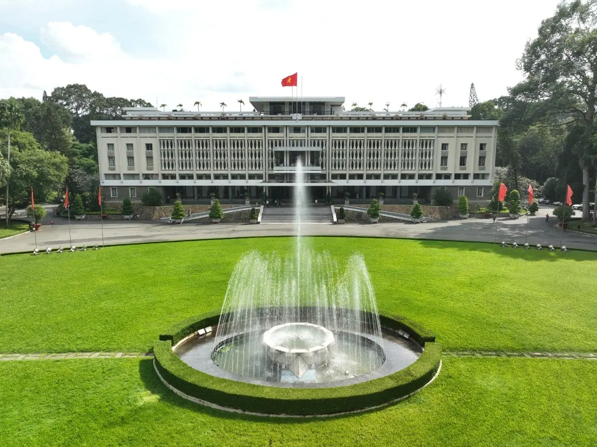 Front view of the main entrance and facade of Independence Palace Saigon Vietnam tourist attraction.