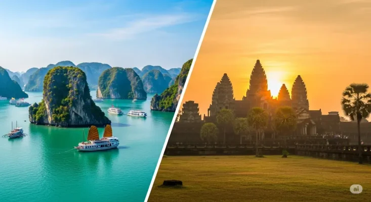 Ha Long Bay, Vietnam with karsts and boats, and Angkor Wat, Cambodia at sunrise