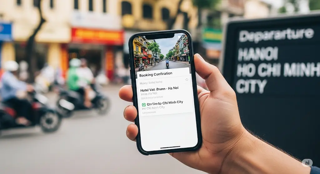 Hand holding smartphone with travel booking for Hanoi