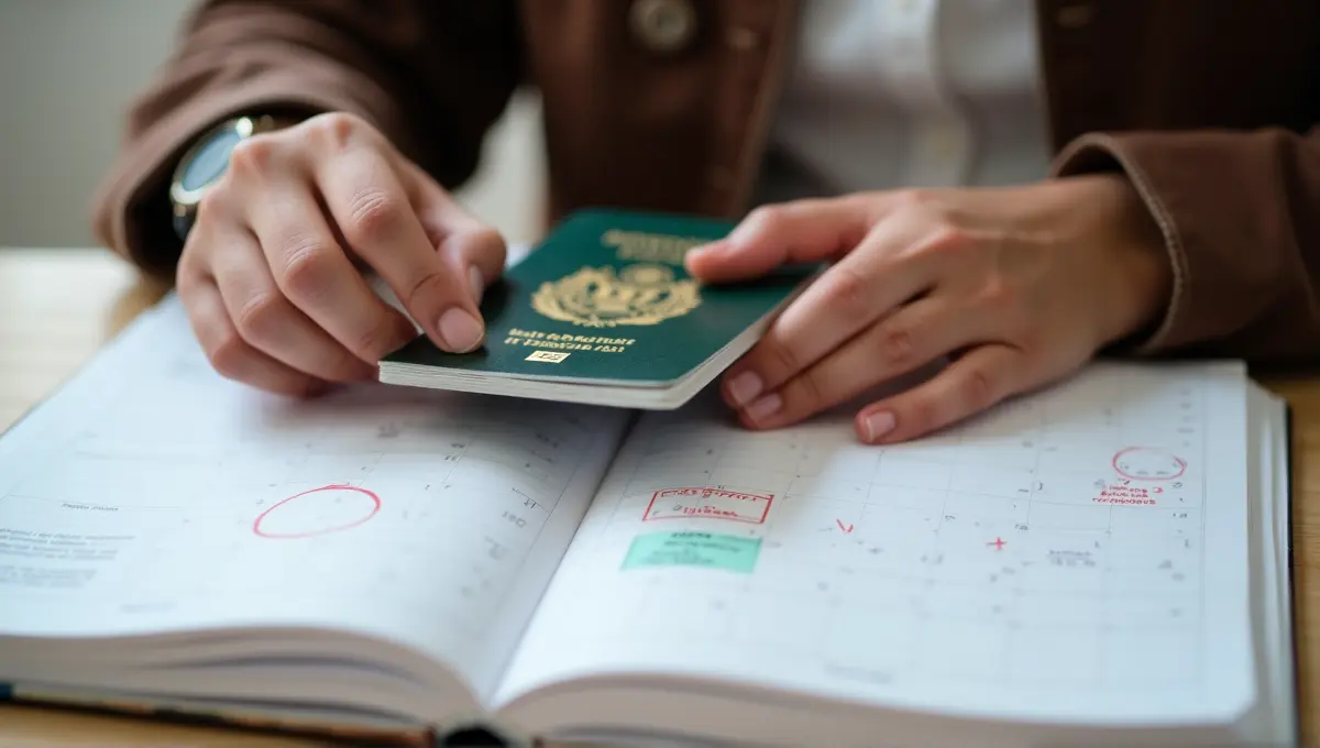 Hands holding a passport next to an open monthly planner with abstract markings, symbolizing planning trip duration according to visa length.