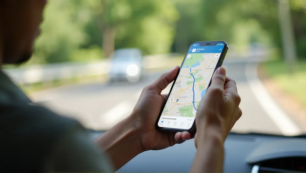 Hands holding a smartphone displaying a generic navigation map interface against a roadside background, symbolizing practical transit navigation in Vietnam.