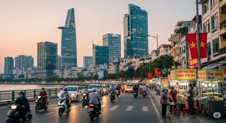 Ho Chi Minh City street motorbikes, skyline, street food at dusk