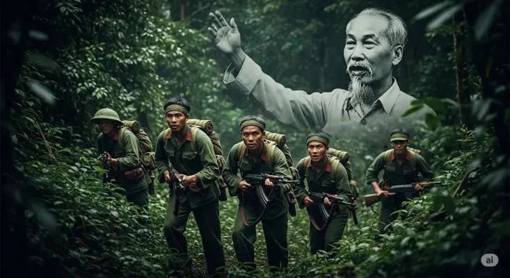 Ho Chi Minh watching over soldiers in jungle
