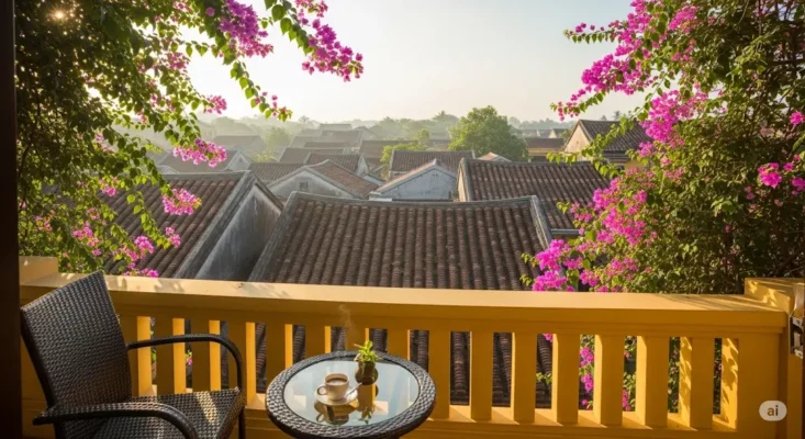 Hotel balcony view in Hoi An coffee chair bougainvillea ancient rooftops