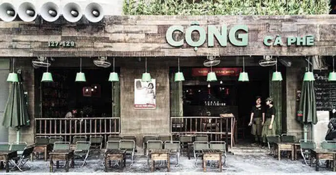 Iconic Cộng Cà Phê coffee shop exterior with rustic design