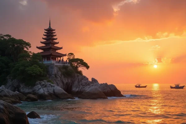 Iconic Dinh Cau Temple at sunset, a unique spiritual experience in Phu Quoc Vietnam