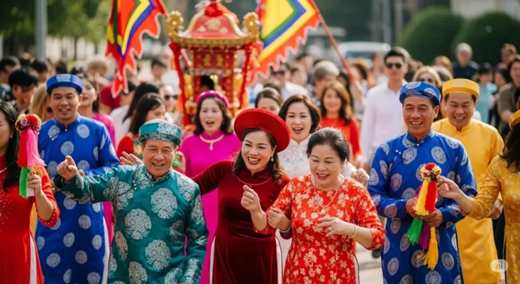 Joyful group of Vietnamese people in colorful