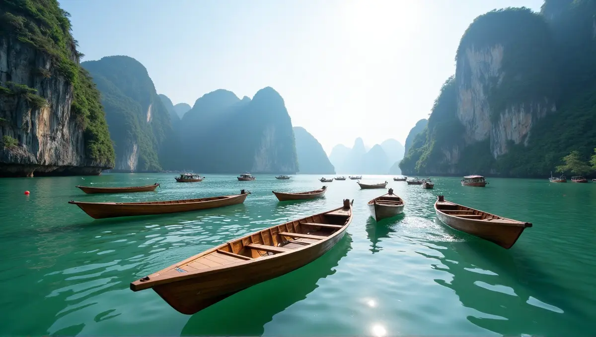 Kayaks floating peacefully among limestone karsts in Ha Long Bay, representing costs associated with popular activities.