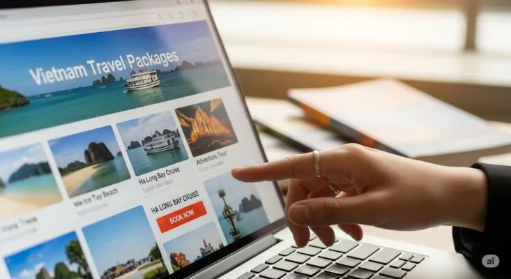 Laptop screen showing Vietnam travel packages website, hand pointing to book