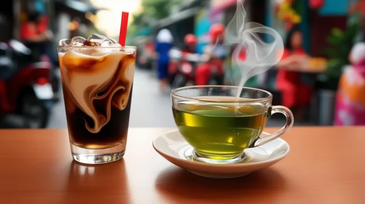 Leonardo_Vietnamese iced coffee and hot green tea on a