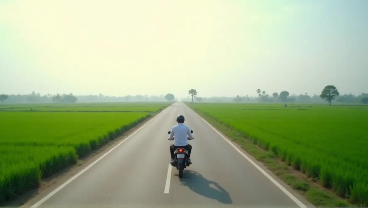 Long straight highway stretching through Vietnamese rice paddies towards the horizon, symbolizing the journey of travelling through Vietnam.