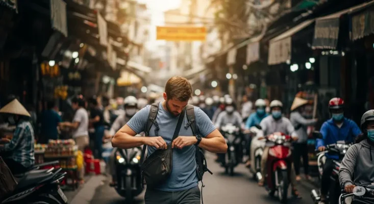Male tourist securing his bag on a crowded Vietnamese street with heavy motorbike traffic