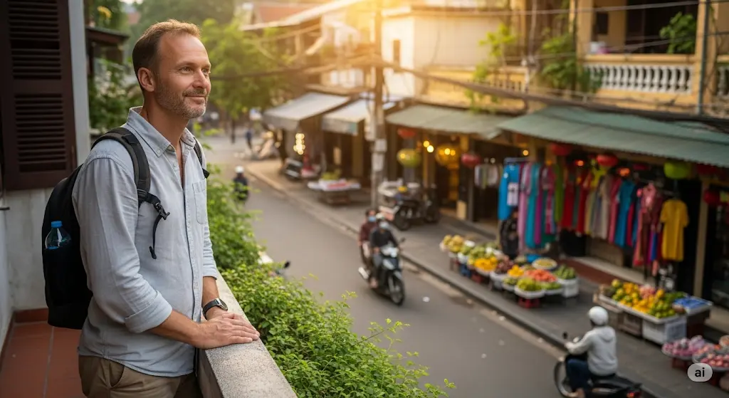 Male traveler on a balcony looking out over a bustling Vietnamese street market in warm sunlight