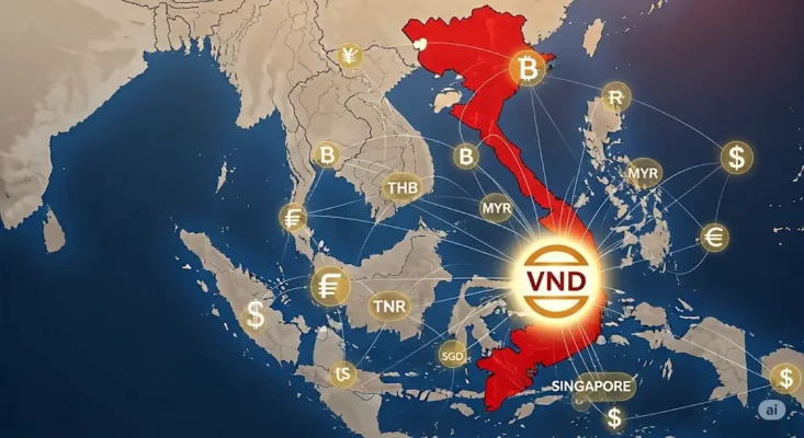 Map of Southeast Asia highlighting Vietnam and the VND, with connections to other currency symbols.