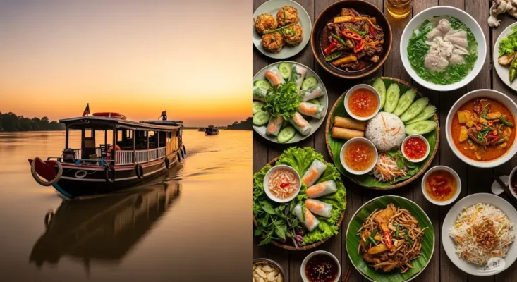 Mekong River cruise boat at sunset, alongside a vibrant spread of Vietnamese and Cambodian