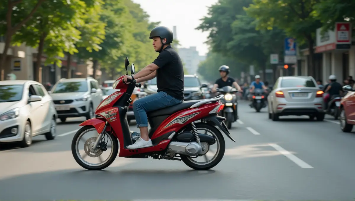 Motorbike taxi navigating daytime city traffic in Vietnam, representing affordable daily local transportation costs.