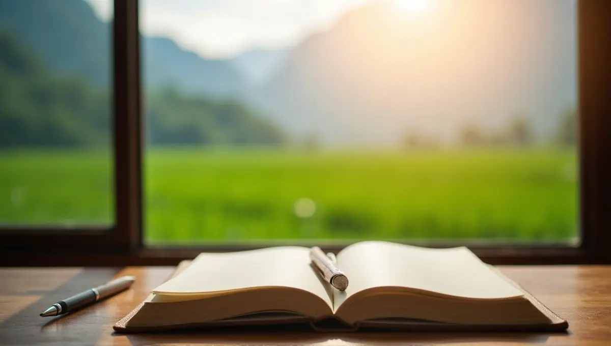 Open travel journal and pen on a table near a window overlooking a blurred Vietnamese landscape, symbolizing Vietnam Travel Guide
