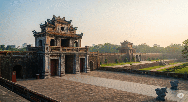 Ornate main gate and courtyard of Hue Imperial City Vietnam