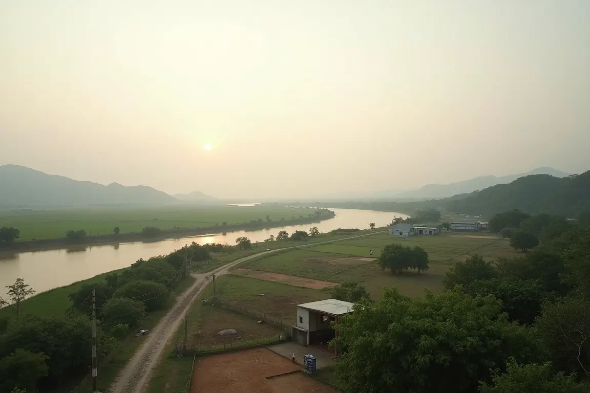 Panoramic view of the early Vietnam DMZ landscape near the 17th Parallel and Ben Hai River