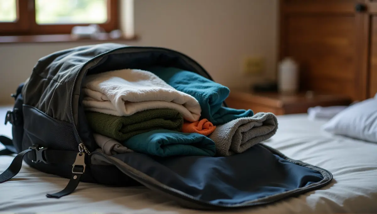 Partially packed open backpack on a guesthouse bed with essential travel items, representing packing for Vietnam journey.
