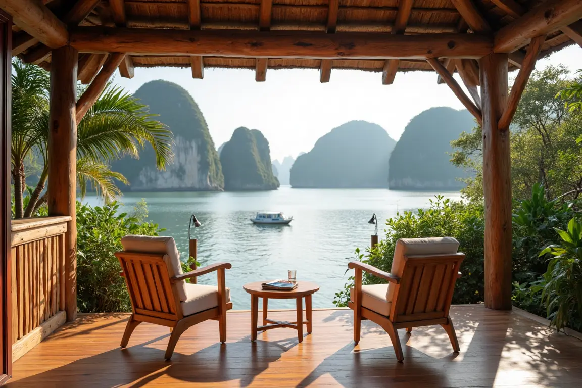 Peaceful resort bungalow veranda for planning tours and stays on Cat Ba Island Vietnam, an ecotourism destination