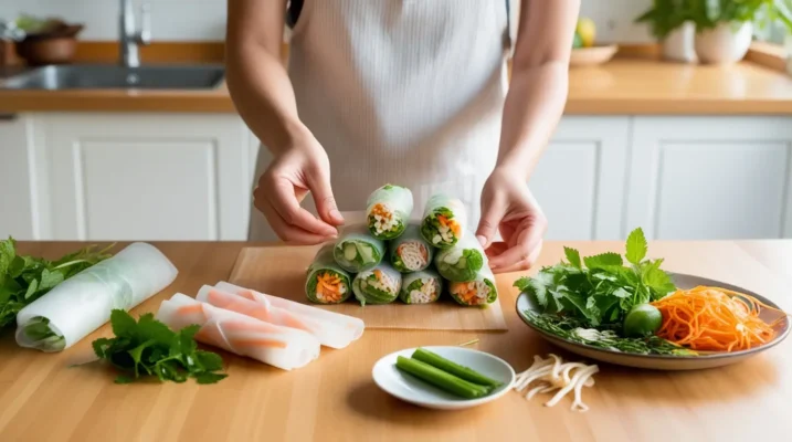 Person in a kitchen assembling Vietnamese vegetarian fresh spring rolls on a wooden board with ingredients nearby (1)
