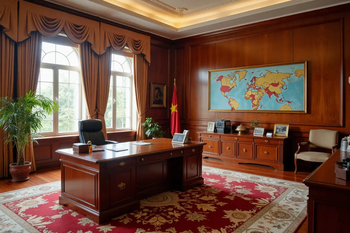 Preserved Presidential Office interior showing 1960s architecture at Independence Palace Saigon Vietnam.