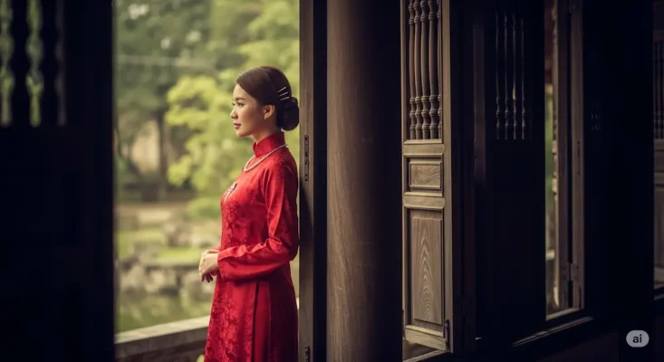 Profile of woman in red Ao Dai