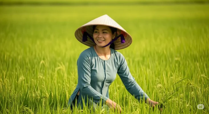 Smiling woman in green rice field