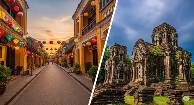 Split image Hoi An's lantern-lit street and My Son