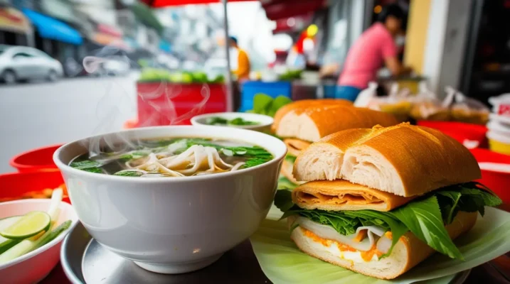 Steaming Pho and Banh Mi, classic Vietnamese street food in Saigon