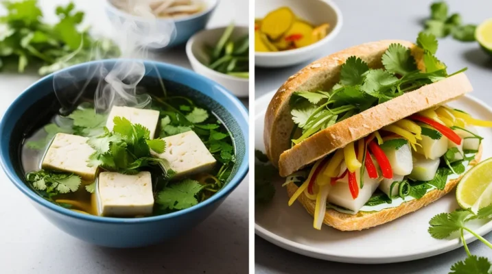 Steaming Vietnamese vegan Pho Chay soup on the left, and a fresh Banh Mi Chay sandwich on the right (1)