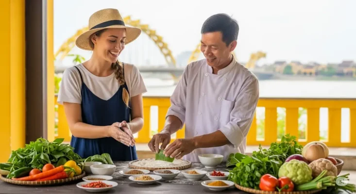 Tourist and chef at an outdoor Vietnamese cooking class with fresh ingredients and a bridge in the background