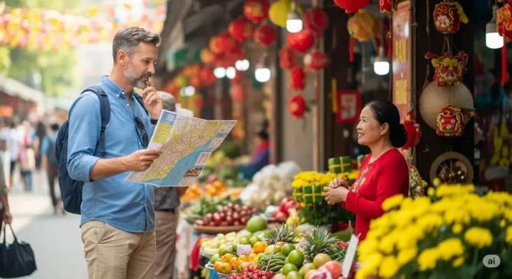 Tourist with map at vibrant Vietnamese market stall