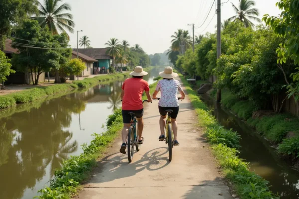 Tourists engaged in Ecotourism, cycling on a path as part of Planning a trip to the Mekong Delta Vietnam.