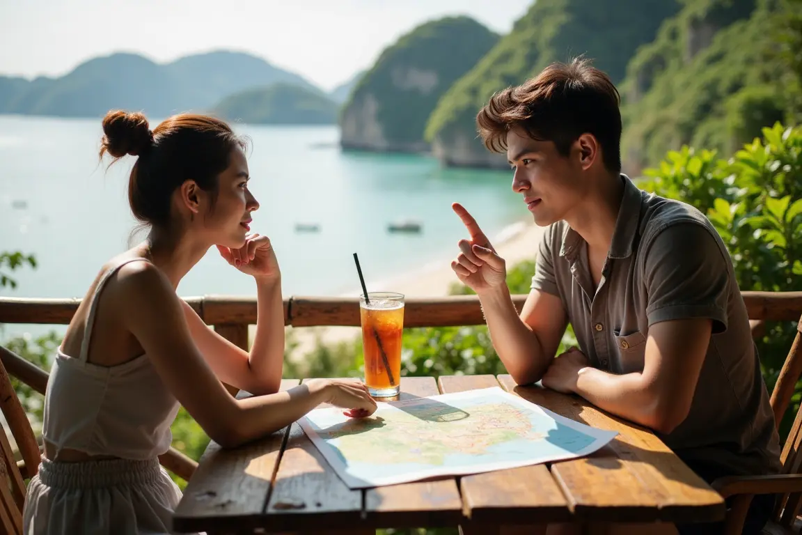 Traveler planning a dream island vacation to Phu Quoc Vietnam with a map and beach view