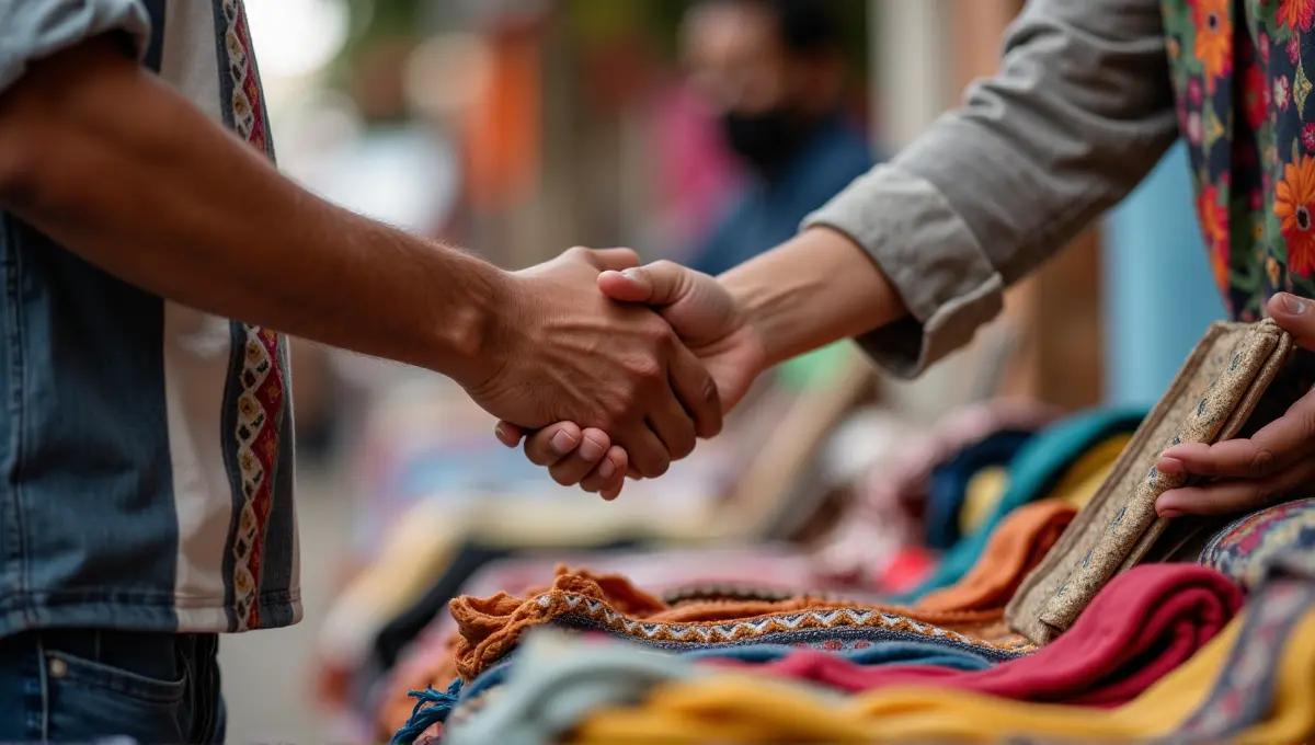 Traveler's hands respectfully interacting with a local market vendor over colourful handicrafts, symbolizing smart spending and cultural interaction.