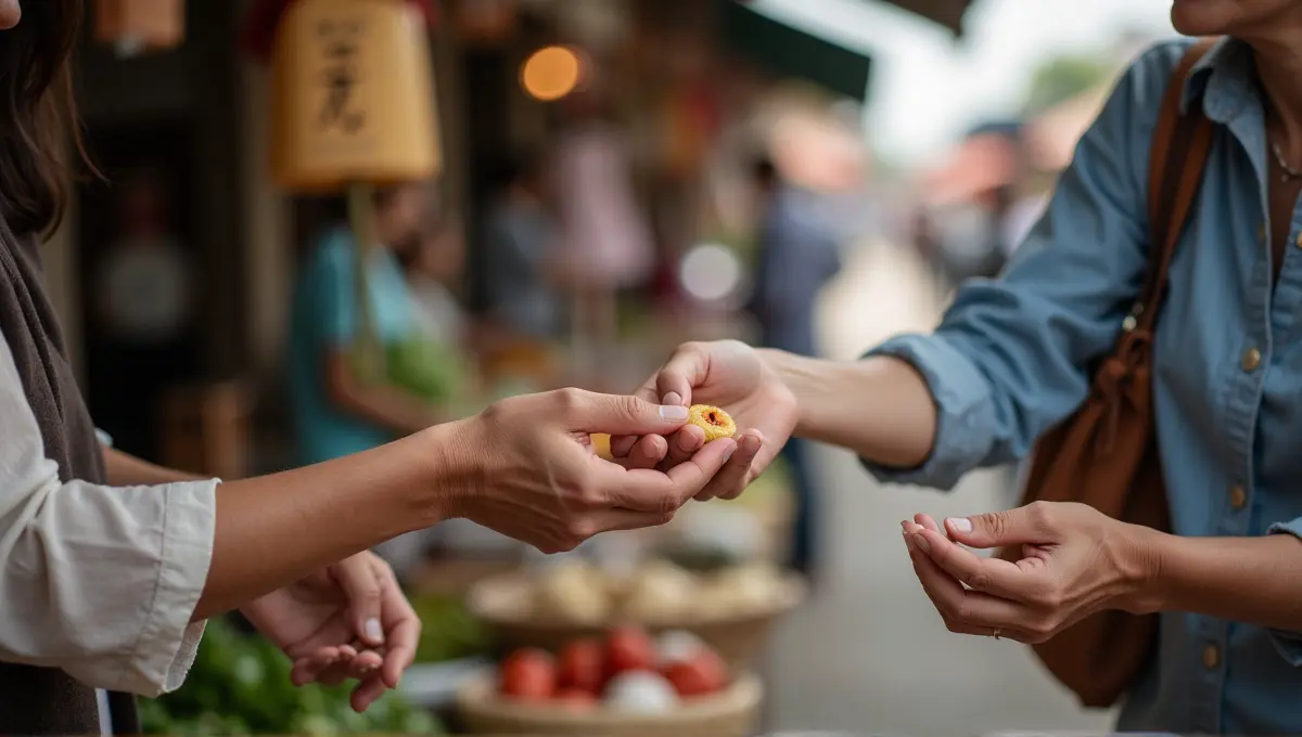 Traveler's hands respectfully receiving a small handicraft from an elderly Vietnamese market vendor, symbolizing cultural insights and etiquette.