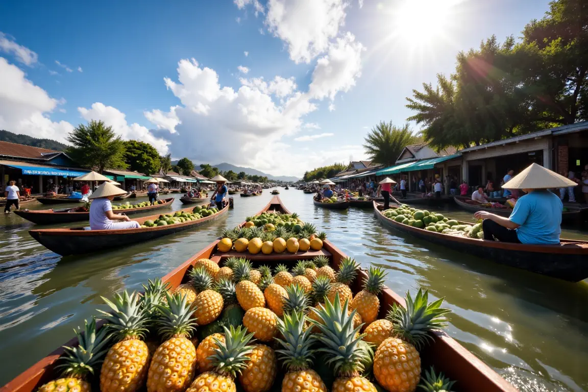 Vibrant Floating Markets in the Mekong Delta Vietnam, with boats trading fresh fruit.
