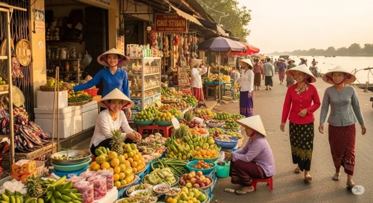 Vibrant Southeast Asian market with women in conical hats selling colorful fruits (1)