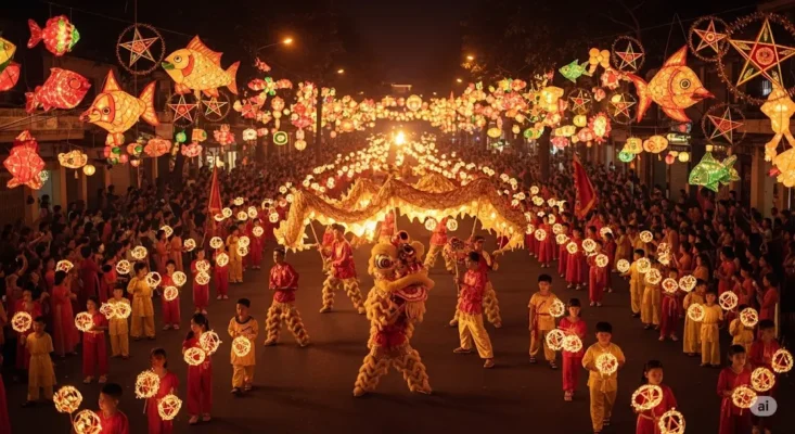Vibrant Vietnamese night festival with lantern parade and dragon dance