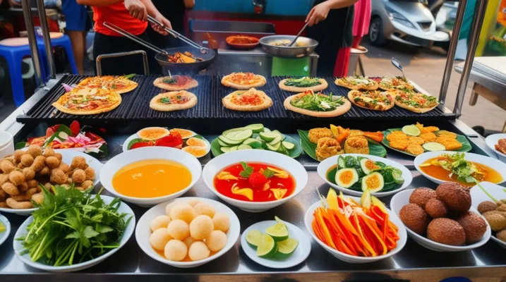 Vibrant display of diverse Vietnamese street food snacks at a Saigon stall