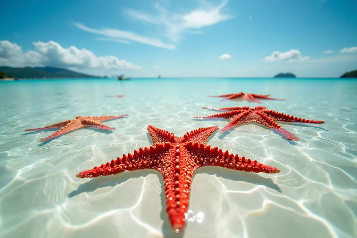 Vibrant red starfish visible in the clear shallow waters of Starfish Beach, Phu Quoc Vietnam.