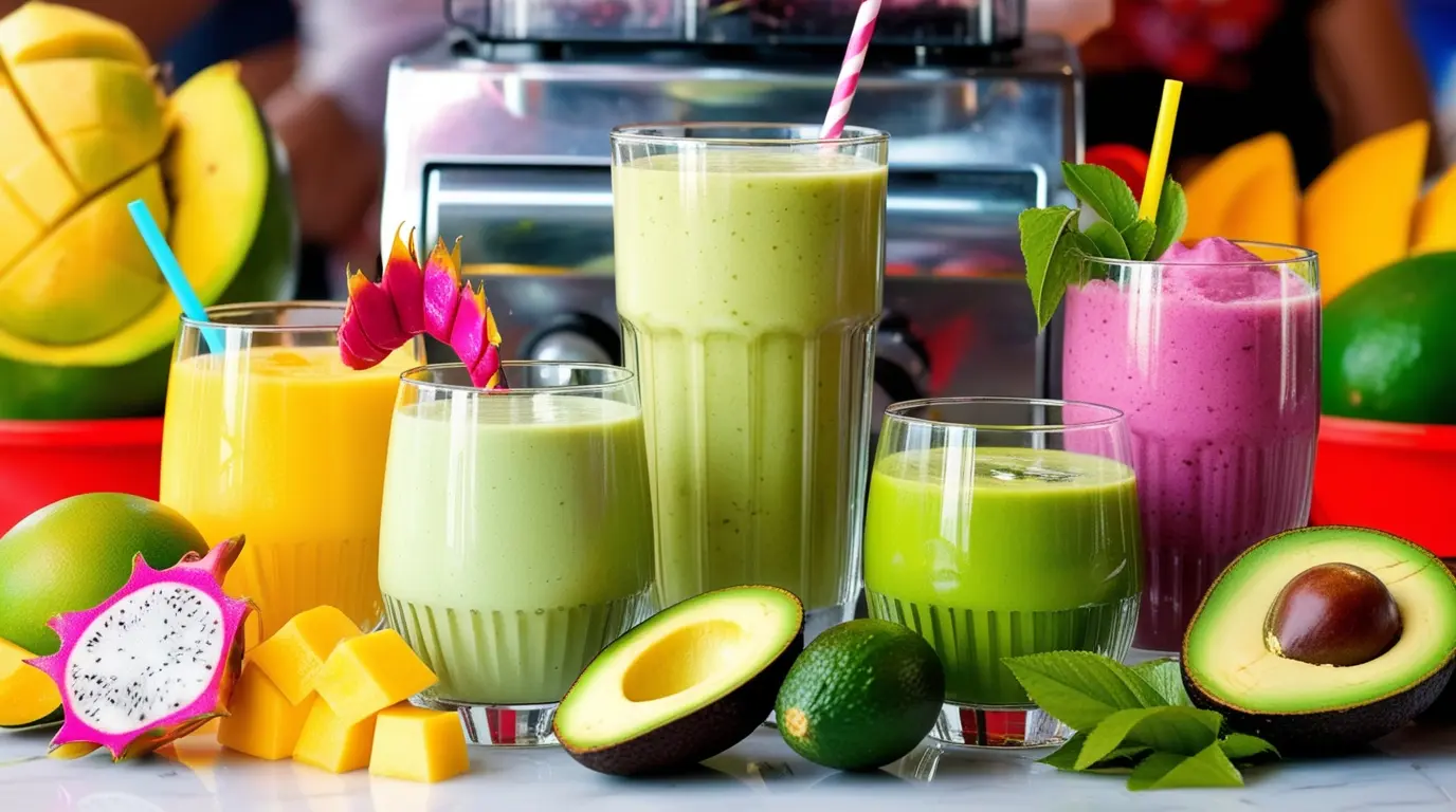 Vibrant tropical fruit smoothies (mango, avocado, dragon fruit) displayed with fresh fruit pieces and a blender.