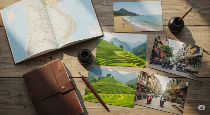 Vietnam travel planning map journal postcards on wooden table