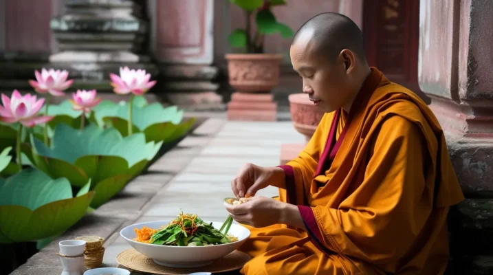 Vietnamese Buddhist monk in saffron robes eating a vegan meal near a lotus pond